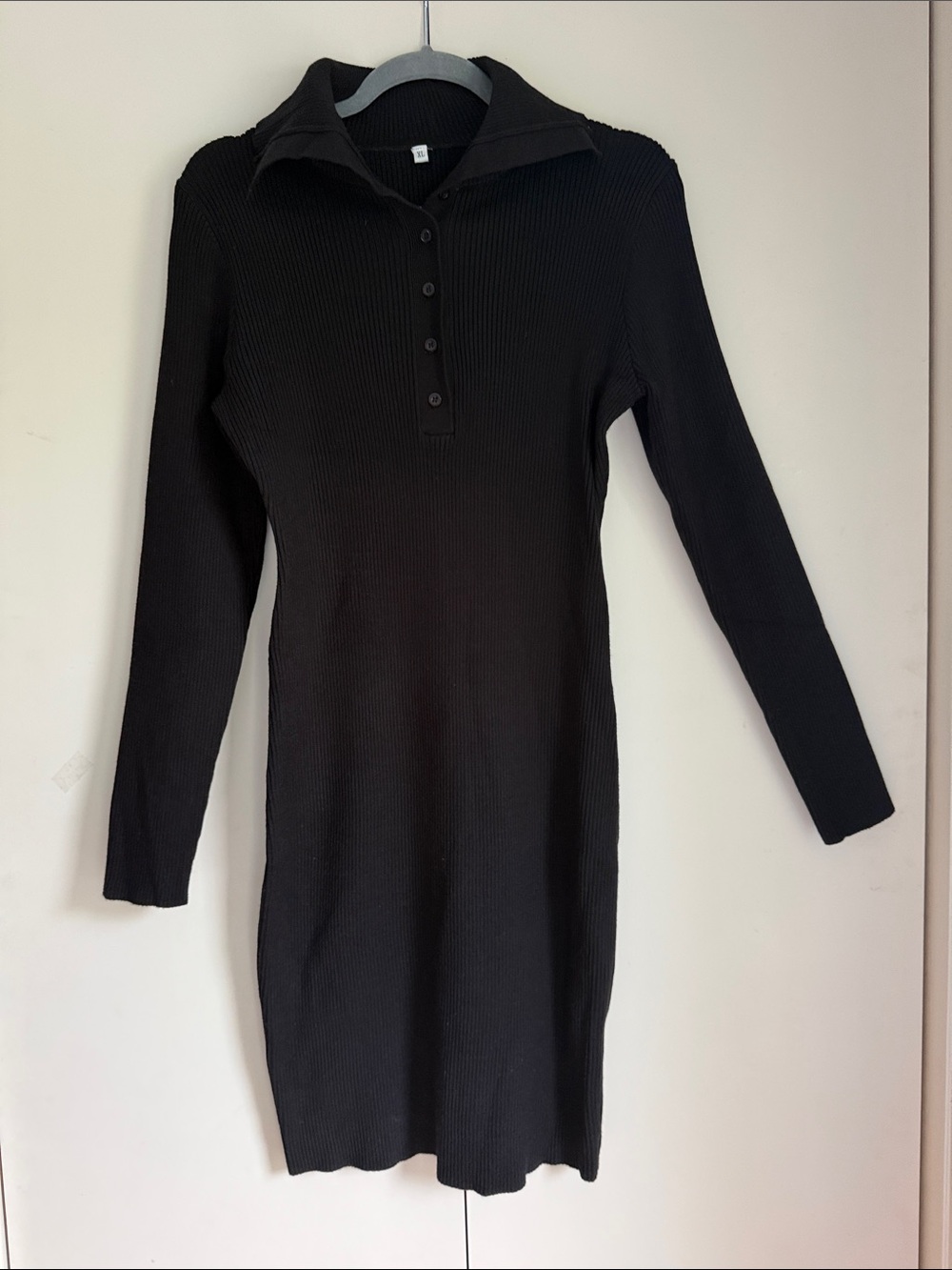 Black Ribbed Long Sleeve Polo Dress